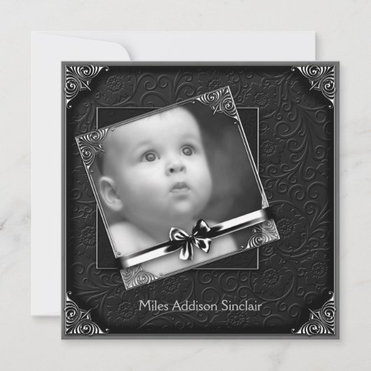 Elégant noir Damask Photo Faire-part de naissance (Devant)