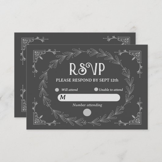 Elegant Noir Deco | Zwart-wit bruiloft RSVP Kaartje (Voorkant / Achterkant)