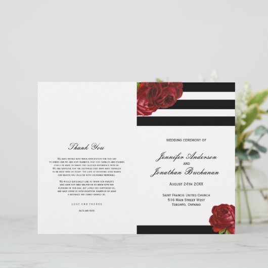 Élégant Noir et Blanc Stripes Programmes de mariag (Debout devant)