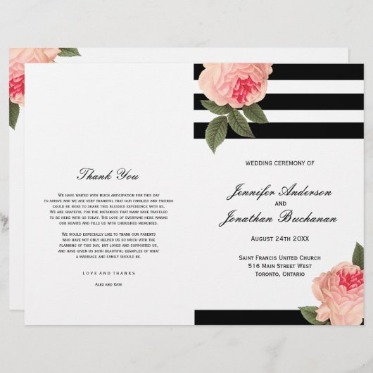 Élégant Noir et Blanc Stripes Programmes de mariag (Devant / Derrière)