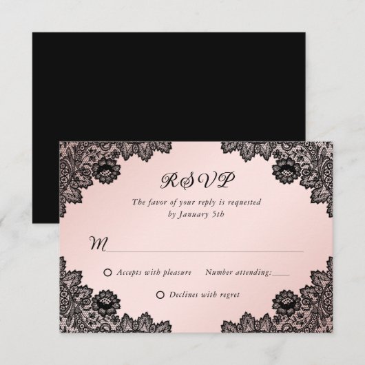 Elégant Noir et Blush Floral Lace Wedding RSVP (Devant / Derrière)
