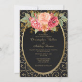 Elégant Noir et Or avec mariage Rose Invitation (Devant)