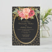 Elégant Noir et Or avec mariage Rose Invitation (Debout devant)