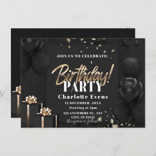 Elégant Noir et Or Invitation fête d'anniversaire (Devant / Derrière)