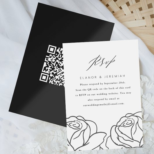 Elégant Noir Floral Mariage RSVP avec QR Code