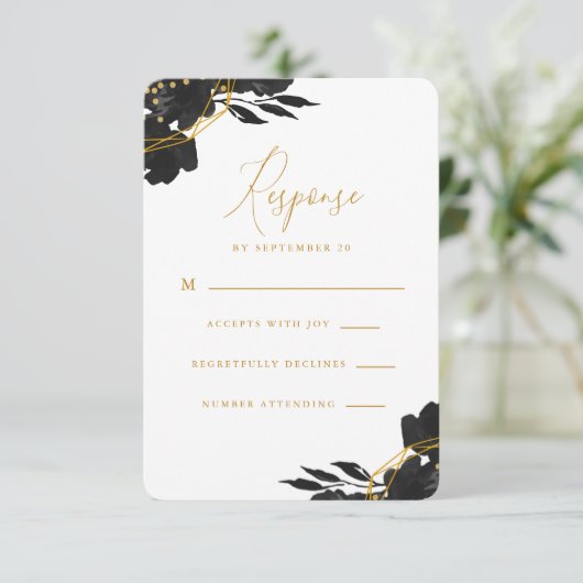 Elégant Noir Floral Or Mariage Rsvp (Debout devant)