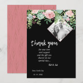Élégant noir floral rose Mariage Carte de remercie (Devant / Derrière)