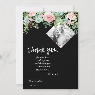 Élégant noir floral rose Mariage Carte de remercie