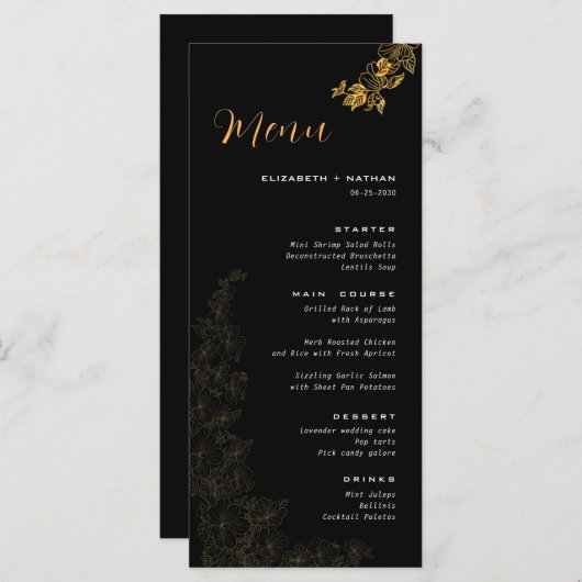 Elégant noir Golden Foliage Menu Mariage (Devant / Derrière)