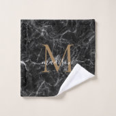 Élégant Noir Marbre Or Monogramme Girly Script (Gant de toilette)