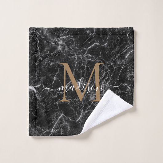 Élégant Noir Marbre Or Monogramme Girly Script (Gant de toilette)