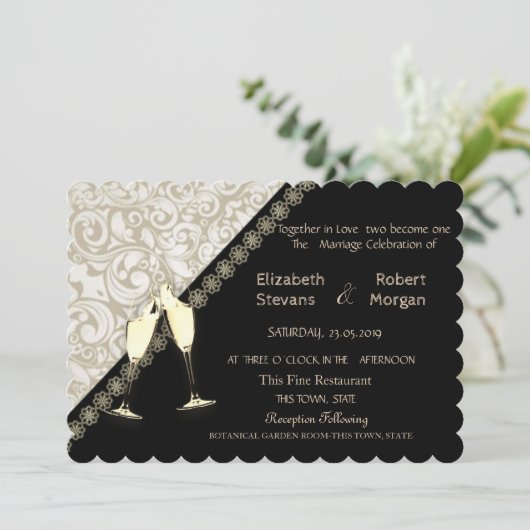 Elégant noir, Mariage damassé Invitation (Debout devant)