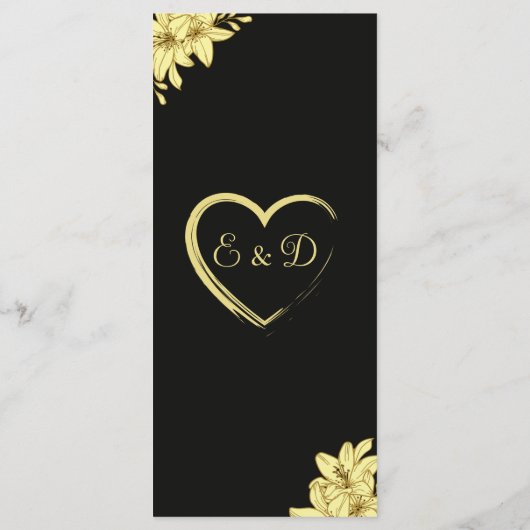 Elégant Noir & Or avec Lilies Menu Mariage (Dos)