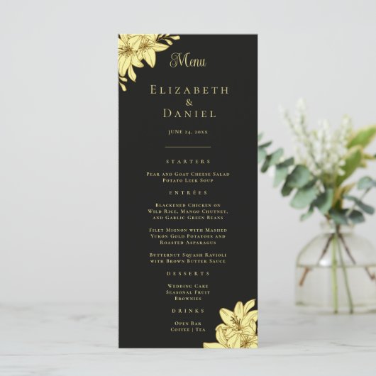 Elégant Noir & Or avec Lilies Menu Mariage (Debout devant)