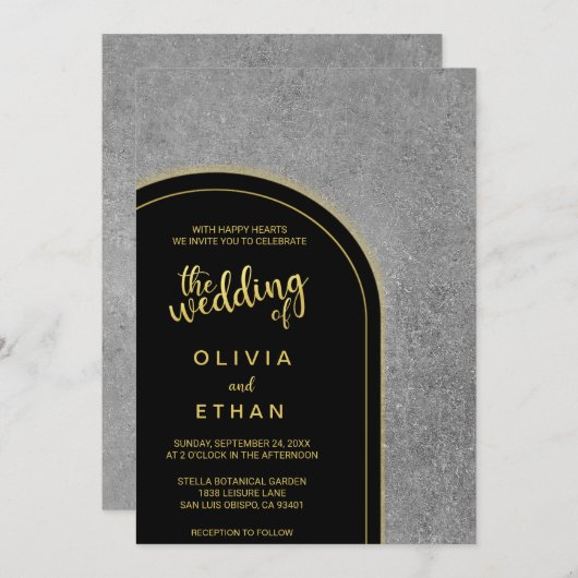 Elégant noir or gris Faire-part de mariage rustiqu (Devant / Derrière)