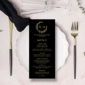 Elégant noir & or Monogramme Wreath Mariage Menu