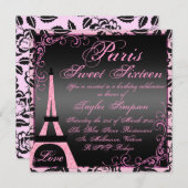 Elégant Noir & Rose Paris Sweet16 Invitation d'ann (Devant / Derrière)