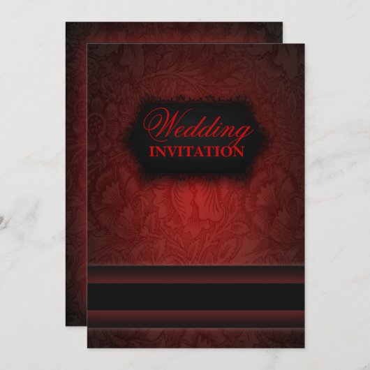 Élégant noir rouge damassé Faire-part de mariage f (Devant / Derrière)