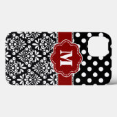 Élégant Noir Rouge Dot Damask Coque Monogramme (Verso (horizontal))