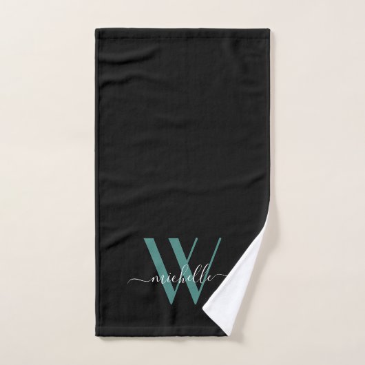 Élégant noir Turquoise Monogramme Nom Script Servi (Serviette à main)
