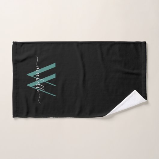 Élégant noir Turquoise Monogramme Nom Script Servi (Serviette à main)