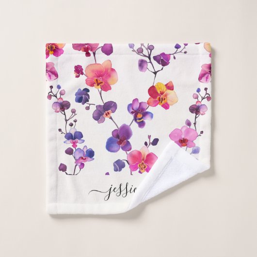 Elégant nom de script motif d'orchidée rose (Gant de toilette)