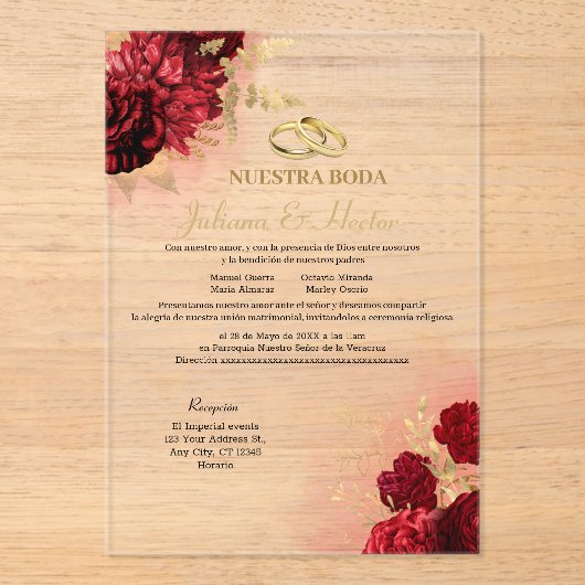 Elegant Nuestra Boda Red Floral Wedding Invitation (Recto)