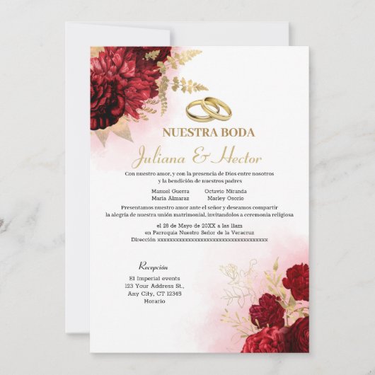Elegant Nuestra Boda Red Floral Wedding Invitation Kaart (Voorkant)