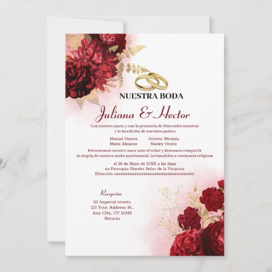 Elegant Nuestra Boda Red Floral Wedding Kaart (Voorkant)