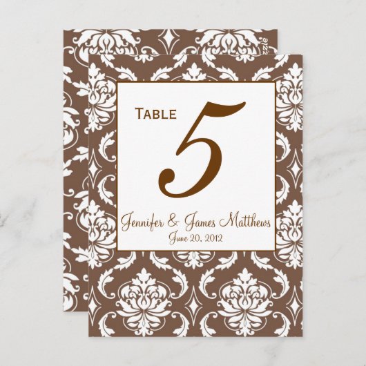 Élégant numéro de table Mariage damassé Brown (Devant / Derrière)