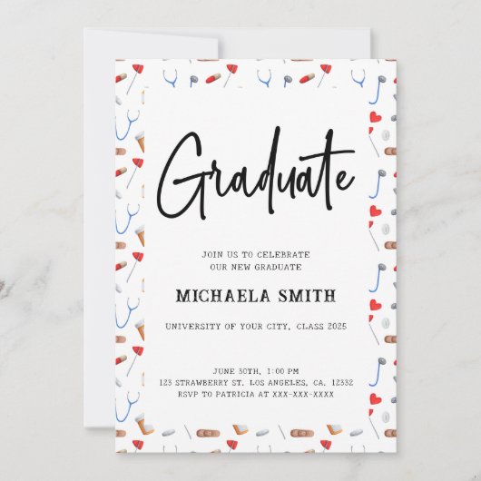 Elegant Nurse Medical Pattern College Afstuderen Kaart (Voorkant)