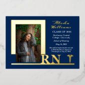 Elegant Nurse RN Caduceus Foto Afstuderen Blue Folie Uitnodiging (Voorkant)