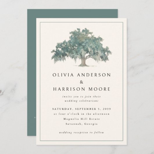 Elegant Oak Tree Green QR Code Southern Wedding Kaart (Voorkant / Achterkant)
