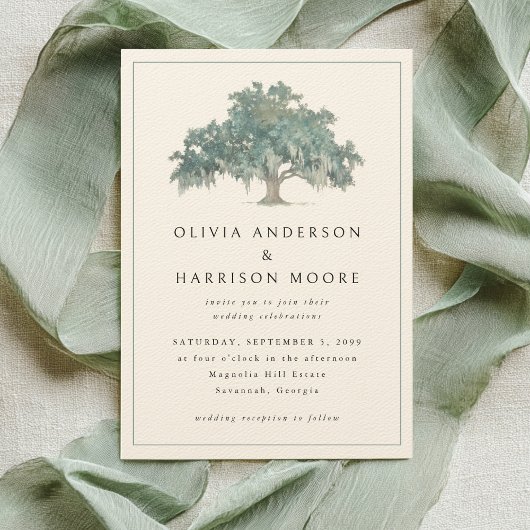 Elegant Oak Tree Green Southern Wedding Kaart