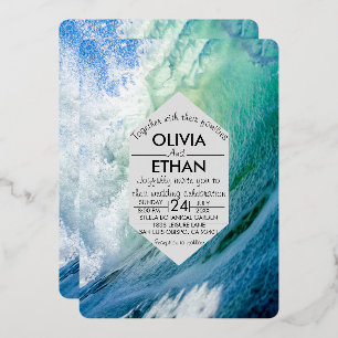 Elégant océan bleu vagues Mariage Foil Invitation