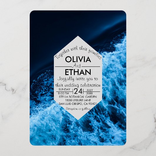 Elégant océan bleu vagues Mariage Foil Invitation (Recto)