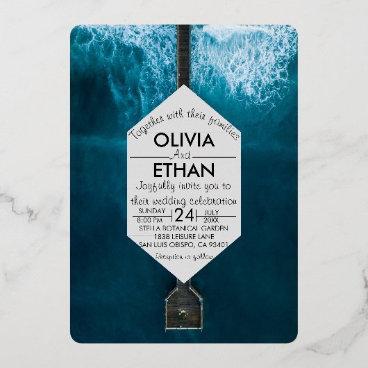 Elégant océan bleu vagues Mariage Foil Invitation (Recto)