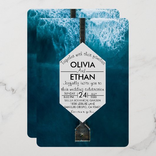 Elégant océan bleu vagues Mariage Foil Invitation (Recto/Verso)