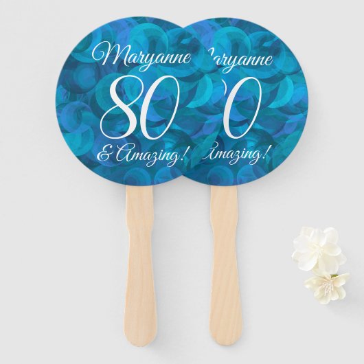 Elegant Ocean Blue 80 en Amazing Birthday Party Handwaaier (Voorkant en achterkant)
