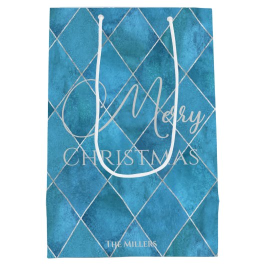 Elegant Ocean Blue Argyle Patroon Vrolijk Kerstfee Medium Cadeauzakje (Achterkant)