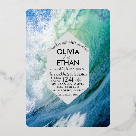 Elegant oceanische blauwe golven Weddenschap Folie Folie Uitnodiging (Voorkant)