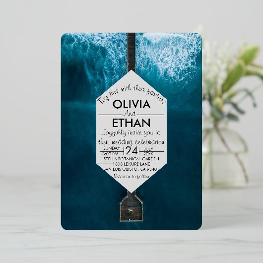 Elegant oceanische blauwe golven Weddenschap Folie Folie Uitnodiging (Staand Voorkant)