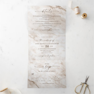 Elegant Off White Beige Marmer met Folie bruiloft Drieluik Uitnodiging