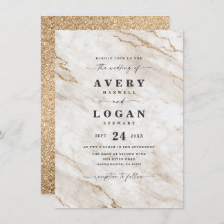 Elegant off White & Gold Marble & Glitter Wedding Kaart