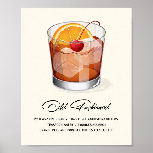 Elegant Old Fashioned Cocktail Recipe Artwork Poster (Voorkant)
