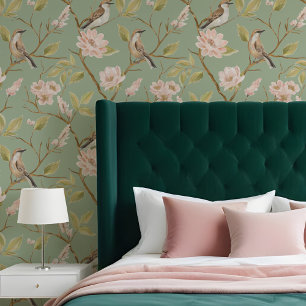 Elegant olieverfschilderij Vogel & tak Roze Bloem Behang