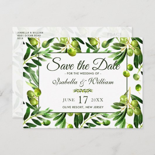 Elegant Olijfblad Boho Tuin Save the Date Aankondigingskaart (Voorkant / Achterkant)