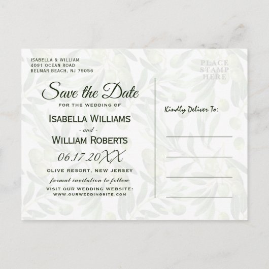 Elegant Olijfblad Boho Tuin Save the Date Aankondigingskaart (Achterkant)