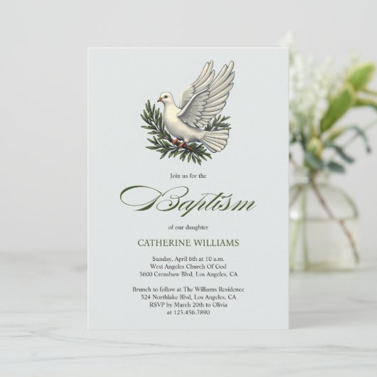 Elegant Olijfgroen Script Witte Duif Doop Kaart (Staand voorkant)