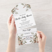 Elegant Olijfgroen & Witte Bloemen Baby shower All In One Uitnodiging (Afscheurbaar)